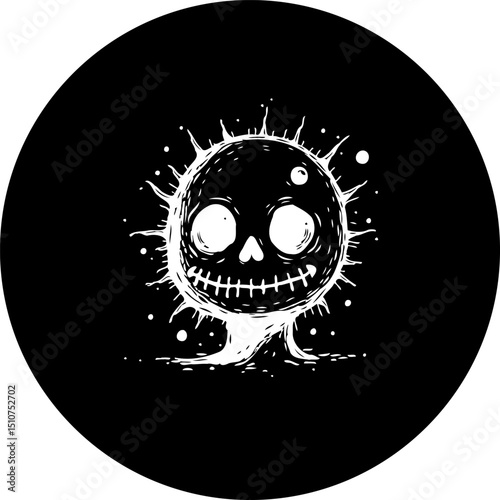 Stylized skull radiating light in a minimalist monochrome digital art piece
