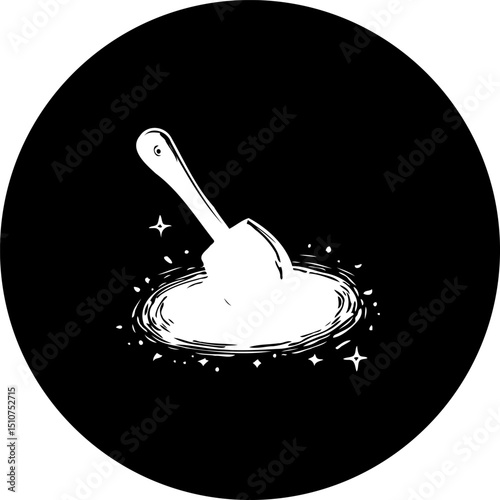 Stylized depiction of a celestial object with a scoop within a circular frame