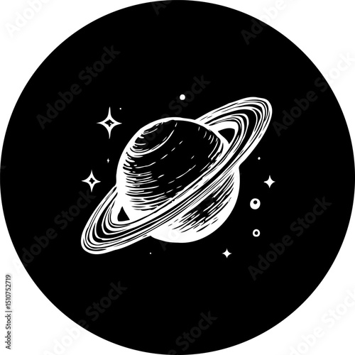 Monochromatic depiction of ringed planet in deep space with radiant stars