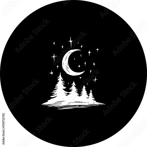 Enigmatic nocturnal scene with crescent moon and stylized evergreen trees silhouette