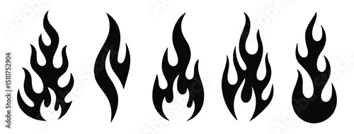 Black flames silhouettes set on white background