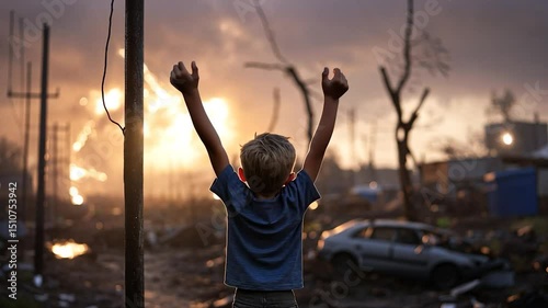 Child raise arm against disaster background destruction environment and social issues