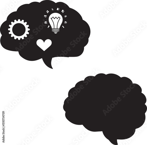 Black Brain Icons with Gear, Lightbulb, and Heart Symbols – Creative Design for Innovation, Ideas, and Problem-Solving Concepts
