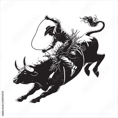 Bull Rodeo Showdown – Cowboy Riding a Bucking Bull in Action

