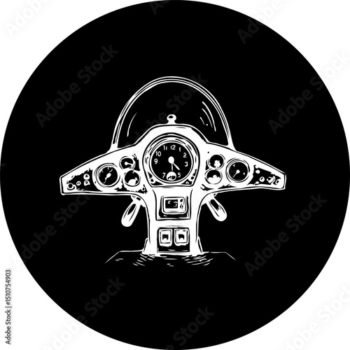 Monochrome illustration featuring an stylized aircraft control panel design