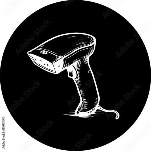 Monochrome illustration of barcode scanner against a stark black circular backdrop
