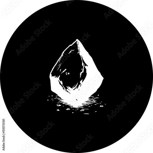 Monochrome depiction of an enigmatic crystal form on a plain dark background