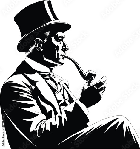 A refined silhouette illustration of a gentleman in a top hat, smoking a pipe. The design captures an air of sophistication and charm, emphasizing classic elegance and style.