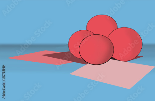 Balls on a 3D podium. Abstract geometric shapes on template