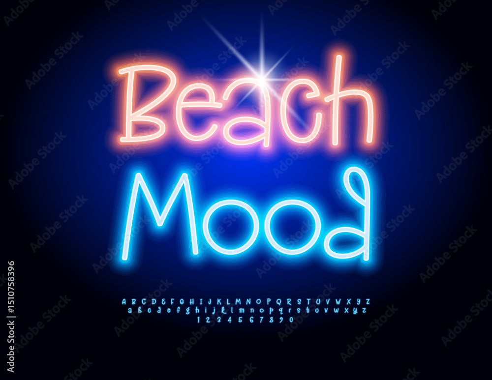 Obraz premium Vector Glowing banner logo Beach Mood. Blue Neon Font. Led Light Alphabet Letters and Numbers set.