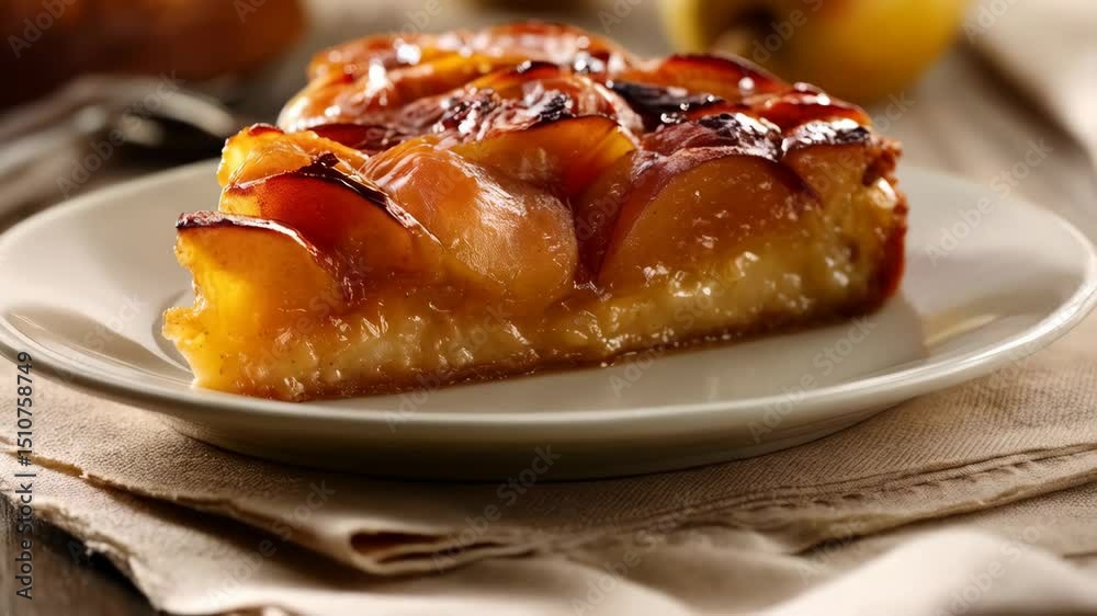 Appetizing slice of caramelized upside-down pear tart on a white plate, featuring a sweet fruit dessert for a delicious indulgent treat.