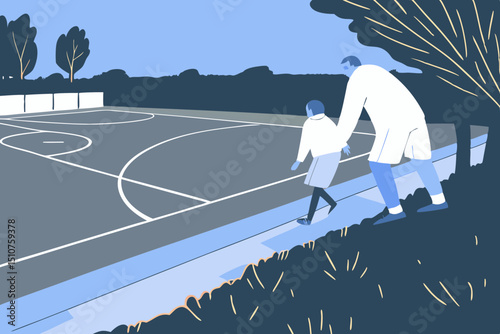 walking in the football field to teach his son how to play football