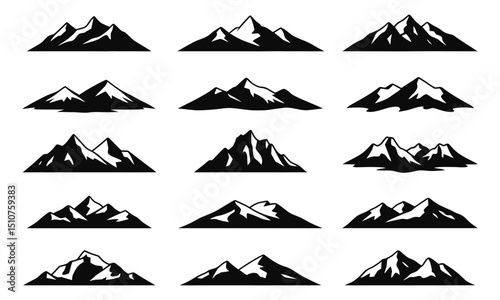 Stylized Mountain Silhouette Vector Set, Black Minimalist Mountain Shapes