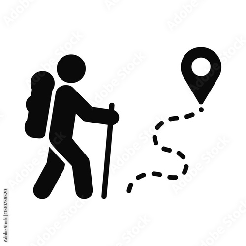 Hiker Silhouette with Backpack and Location Marker Vector, Outdoor Navigation Icon