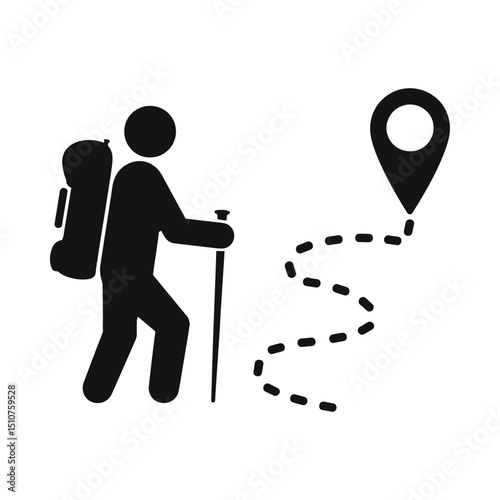 Hiking Trail Silhouette Vector with Backpacker and Location Marker Icon