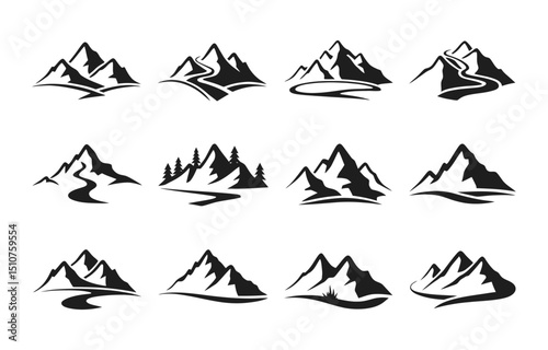 Stylized Mountain Silhouette Vector Set with Lake Reflections, Nature Landscape Clipart