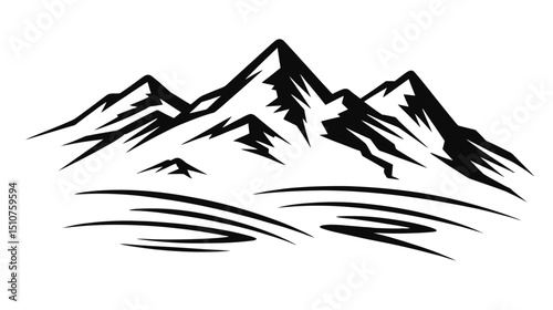 Stylized Mountain Silhouette Vector, Artistic Black and White Landscape Drawing