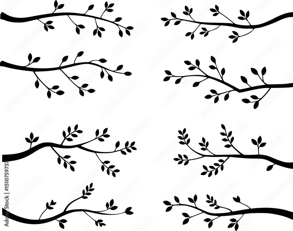 Fototapeta premium Silhouette of eight branch and leaf elements