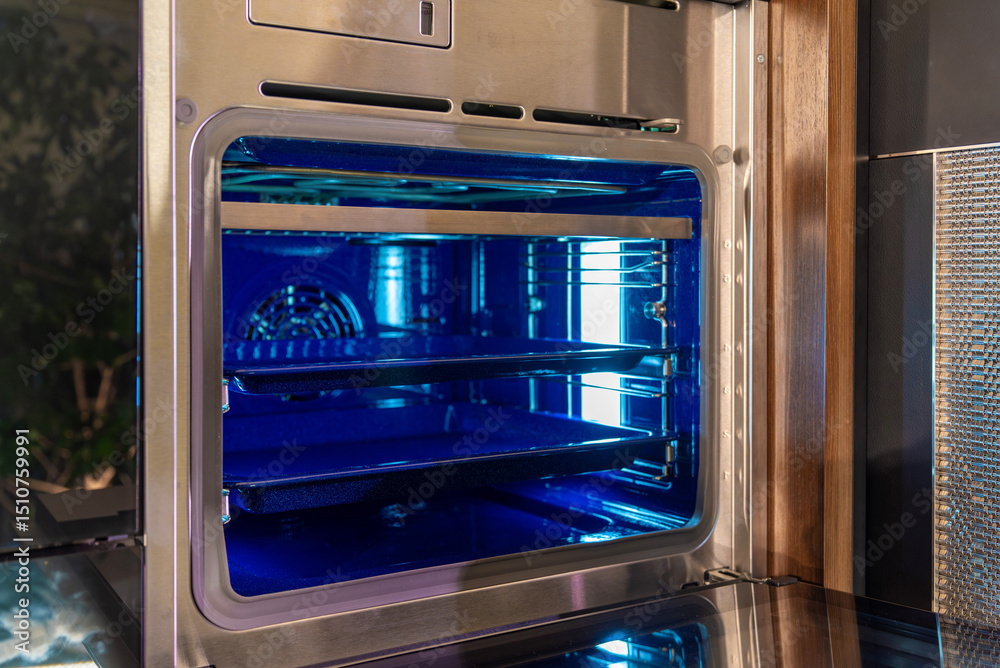 Fototapeta premium Angled view of stainless wall oven with blue interior lighting