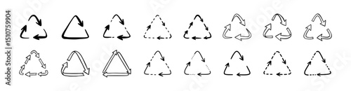 Set of doodle handwriting recycle plastic symbol. Icon sign of pp, pet, hdpe, ldpe, pvc. Eco-friendly concepts design element. Spinning, rotating, circulation arrow. Reuse pictogram drawing