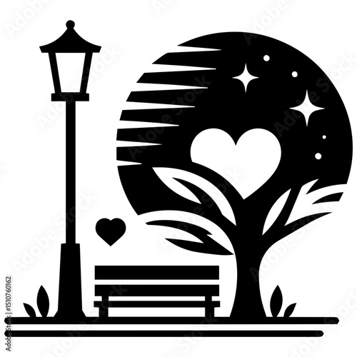 Dreamy streetlight reflections casting a warm glow on love icons