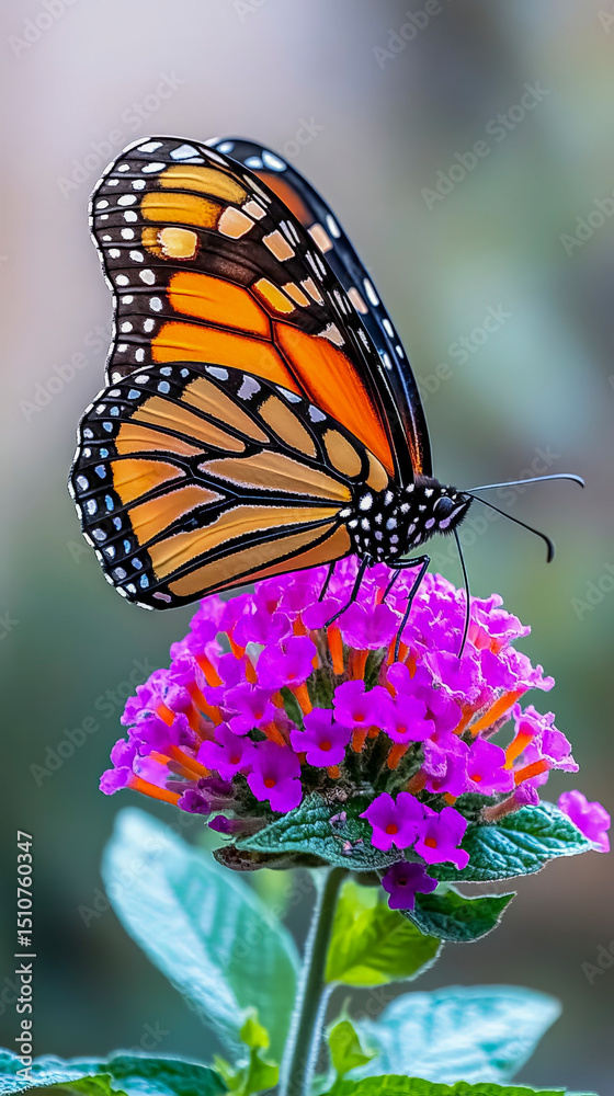 Fototapeta premium Close up monarch butterfly perched on vibrant purple flower in natural garden habitat for wildlife photography and pollinator conservation campaigns