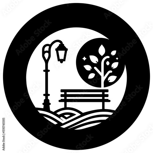 Mesmerizing symmetry of trees, benches, and streetlights in illustration