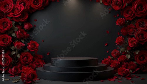 Blank podium black with red roses on red background. Showcase for product, perfume, jewelry and cosmetic presentation