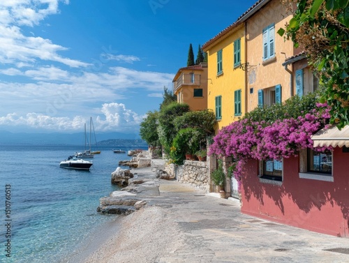 Motorboats and sailboats at peaceful waterfront town