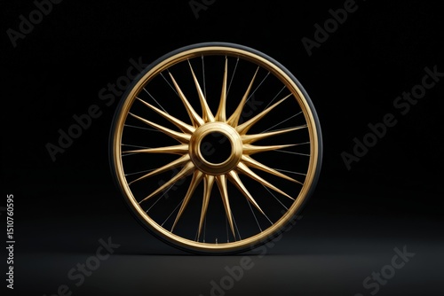 Bicycle wheel with intricate golden spokes set against a simple black background