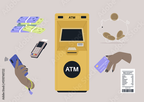 A vibrant ATM setup showcases various financial tools, including cash bundles, a piggy bank, and a handheld card reader, capturing the essence of effortless banking on a modern day
