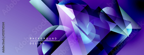 Abstract geometric shapes blend purple, blue hues. Dynamic composition creates modern background design. Smooth gradients offer visual interest.