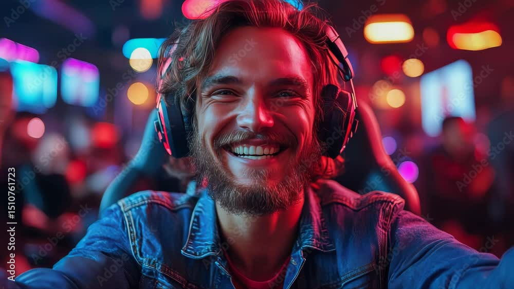 Happy bearded man in gaming headset smiling during a video game session, lit by vibrant neon lights