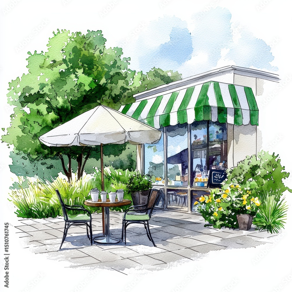 Obraz premium Charming Watercolor Cafe with Outdoor Seating and Lush Greenery