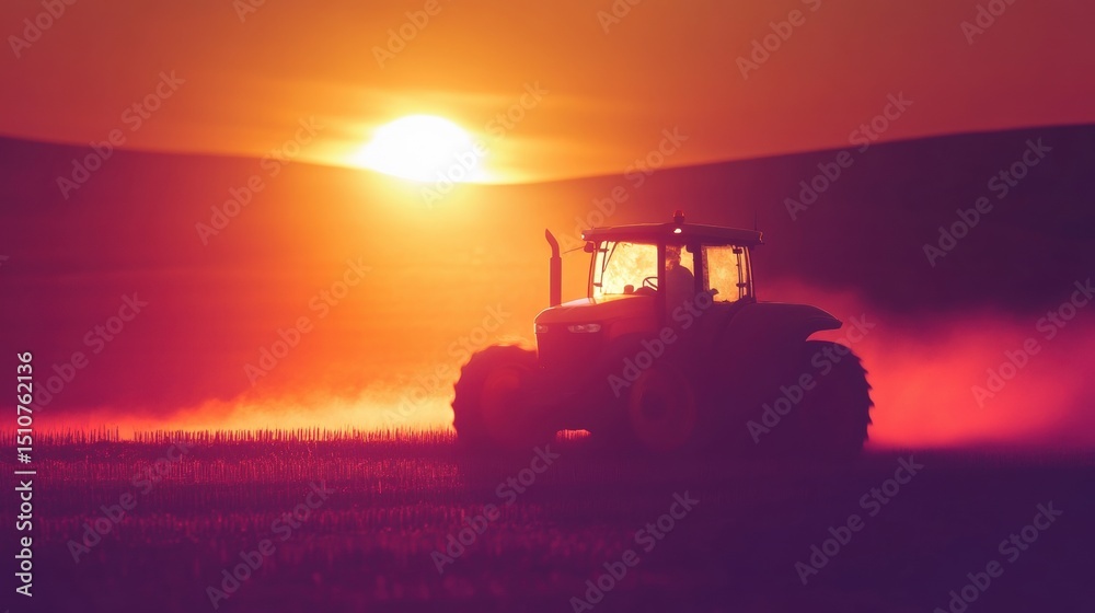 Fototapeta premium Tractor working in field during sunset creating vibrant landscape views
