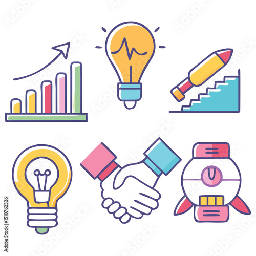 Startup Business Icons with Rocket Launch Bar Chart Idea Bulb Teamwork and Handshake in Flat Style
