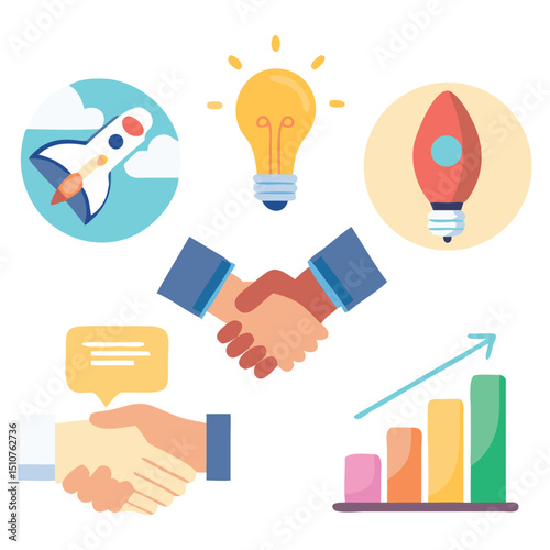 Startup Business Icons with Rocket Launch Bar Chart Idea Bulb Teamwork and Handshake in Flat Style
