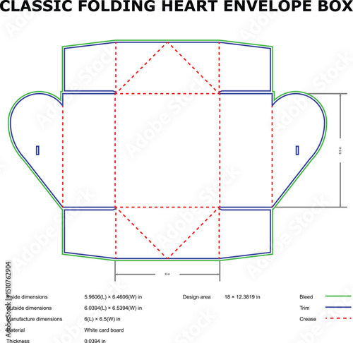 Flat vector template of a classic folding heart shaped envelope box with dimensions and cut lines
