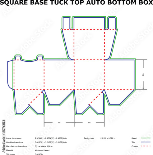 Detailed diagram of square base tuck top auto bottom box packaging template design