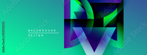Abstract geometric design features vibrant gradients. Turquoise, purple hues create modern visual impact. Minimalist text complements composition.