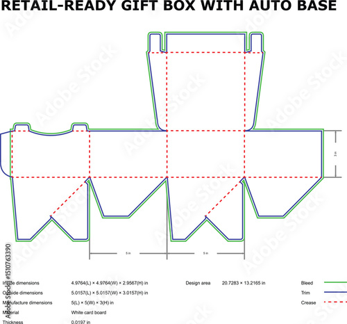 Detailed die cut template of a retail ready gift box with auto base design
