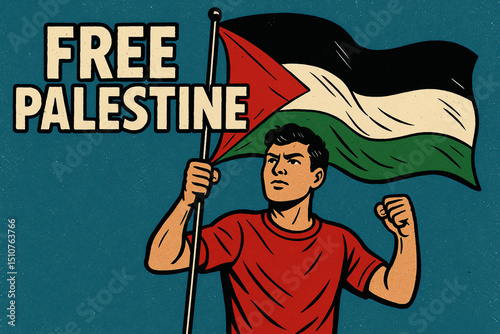Illustration of a man holding the Palestine flag with the text free Palestine on the background