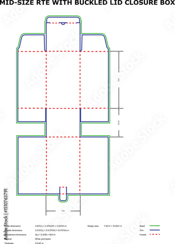 Detailed template layout of mid size rte box with buckled lid closure for packaging design