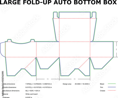 Detailed die-cut diagram for a large fold-up auto bottom box packaging design