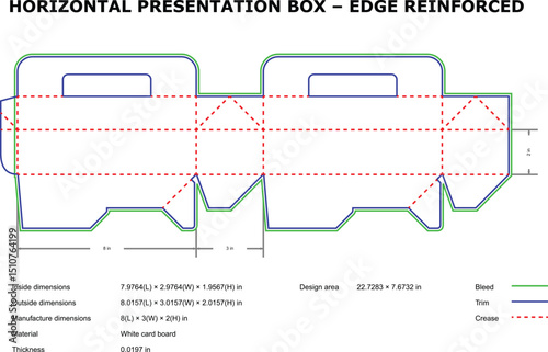 Detailed vector template of a horizontal presentation box with edge reinforcement for packaging