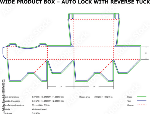 Detailed diagram of a wide product box with auto lock and reverse tuck design