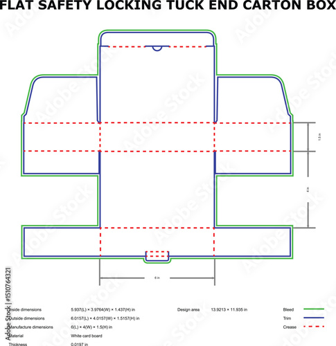 Detailed diagram of a flat safety locking tuck end carton box template