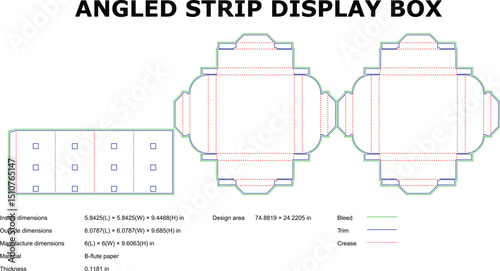 Angled strip display box packaging design layout with dimensions for packaging purposes