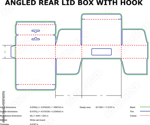 Angled rear lid box with hook layout blueprint schematic design and dimensions for packaging