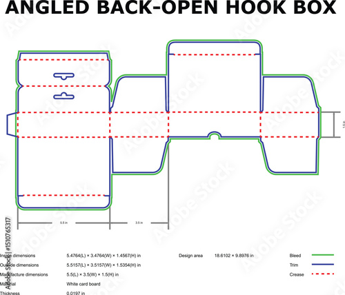 Detailed diagram of an angled back open hook box packaging design template